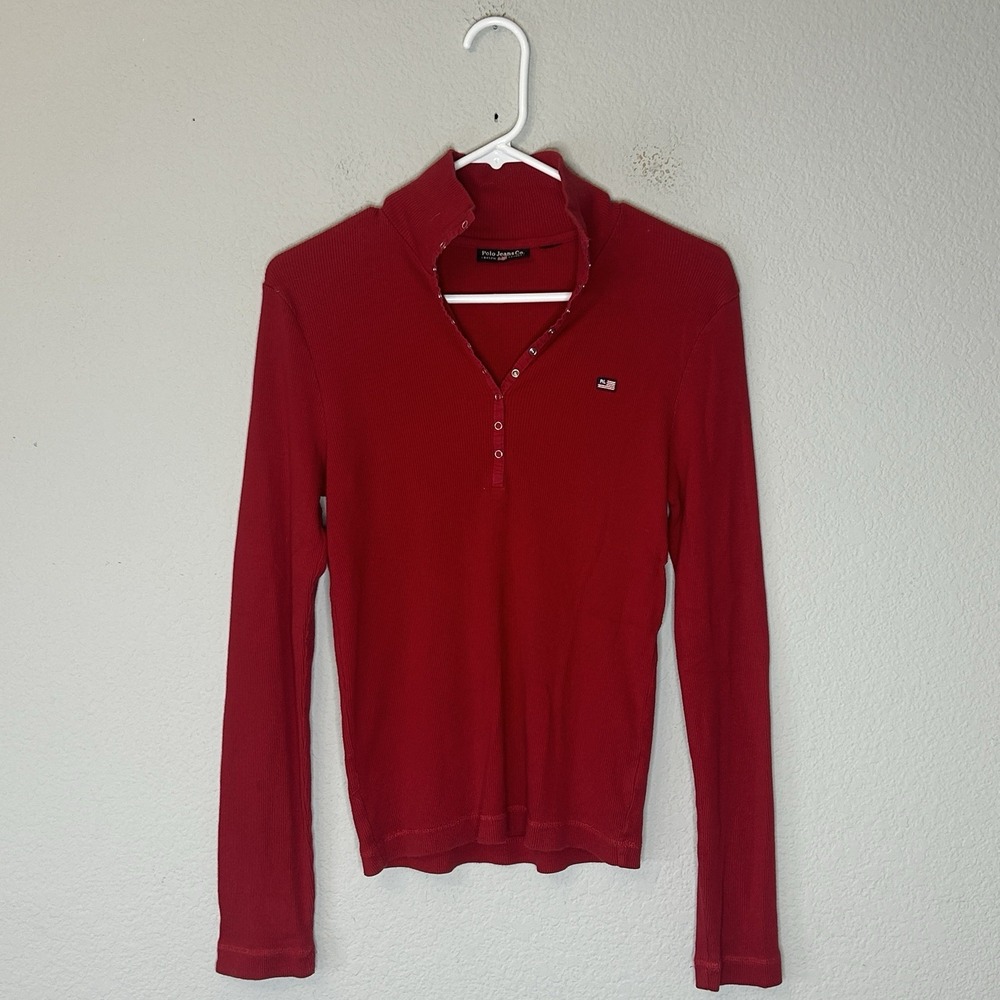 VTG Polo Jeans Co Ralph Lauren Long Sleeve Red Ribbed Snap Henley Shirt Size XS